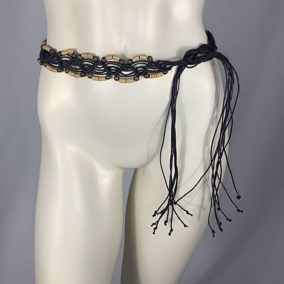 Vintage 00s y2k Woven Macramé Boho Brown Faux Leather Tie Rope Belt with Wooden - Picture 1 of 11